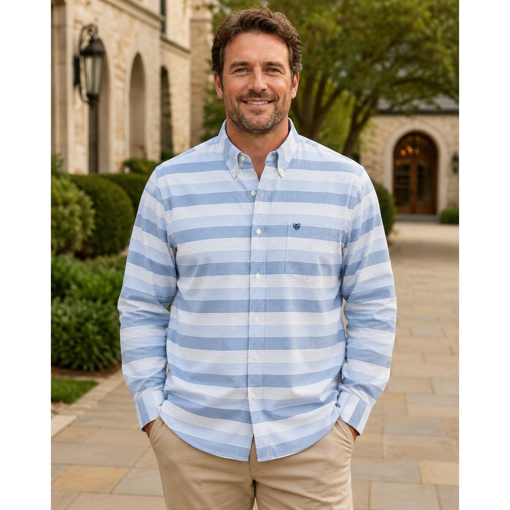 Chaps Button Down Shirt Men XXL Blue White Striped Stretch Easy Care Long Sleeve